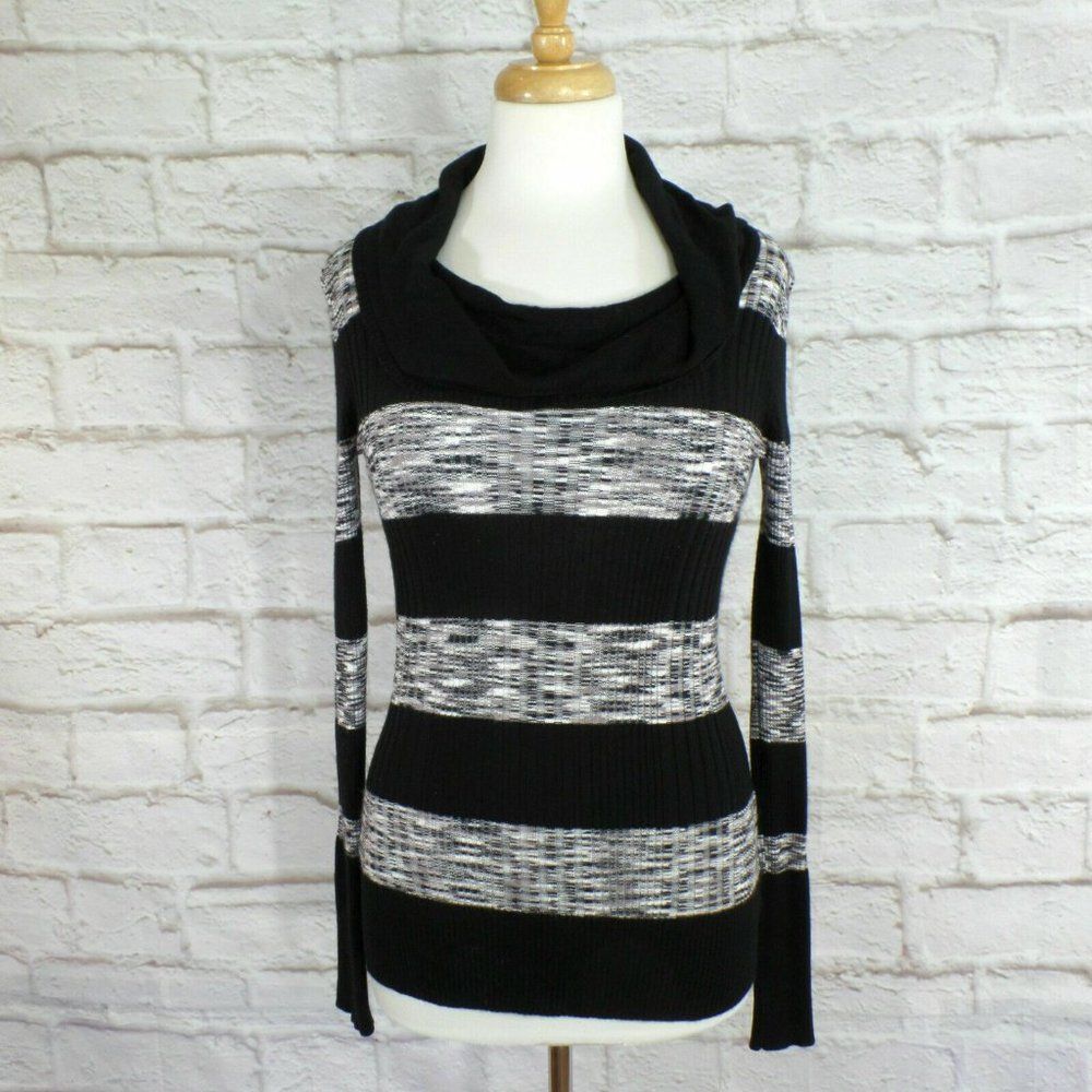 Pink Republic sz. M Long Sleeve Cowl Neck Ribbed Sweater Black & Gray Striped